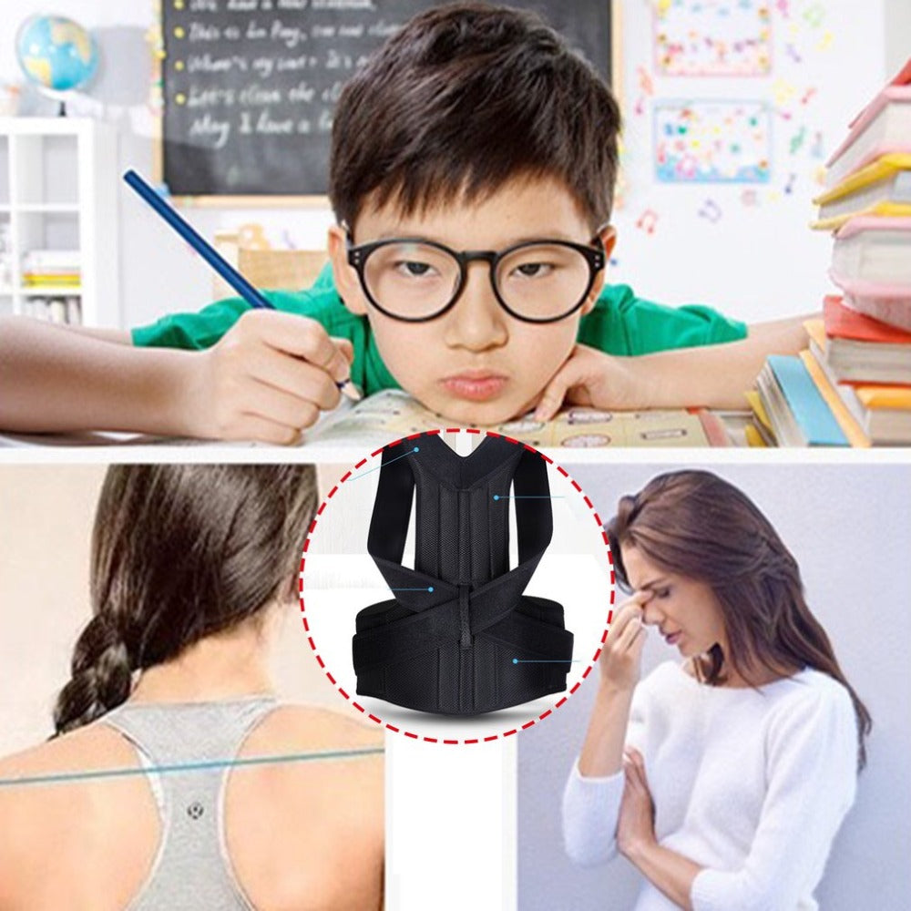 Black fabric spine-bending posture corrector with adjustable straps, shown with a student and a woman with back pain.