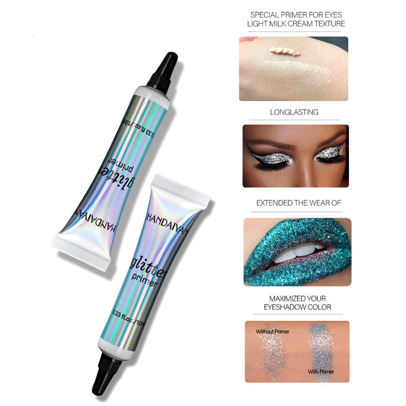 Handaiyan glitter eyeshadow primer in iridescent tubes with application examples for long-lasting, vibrant color.