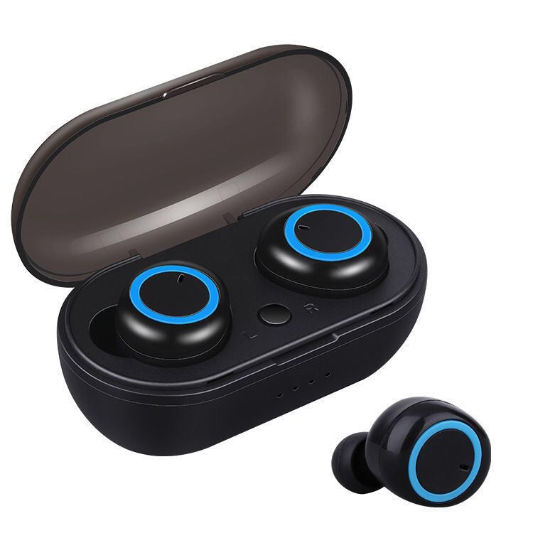 Black wireless sports earbuds with glowing blue rings in an open charging case, isolated on white background.