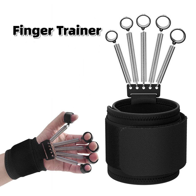 Black finger trainer with five tension springs and finger rings attached to a velcro wrist strap.