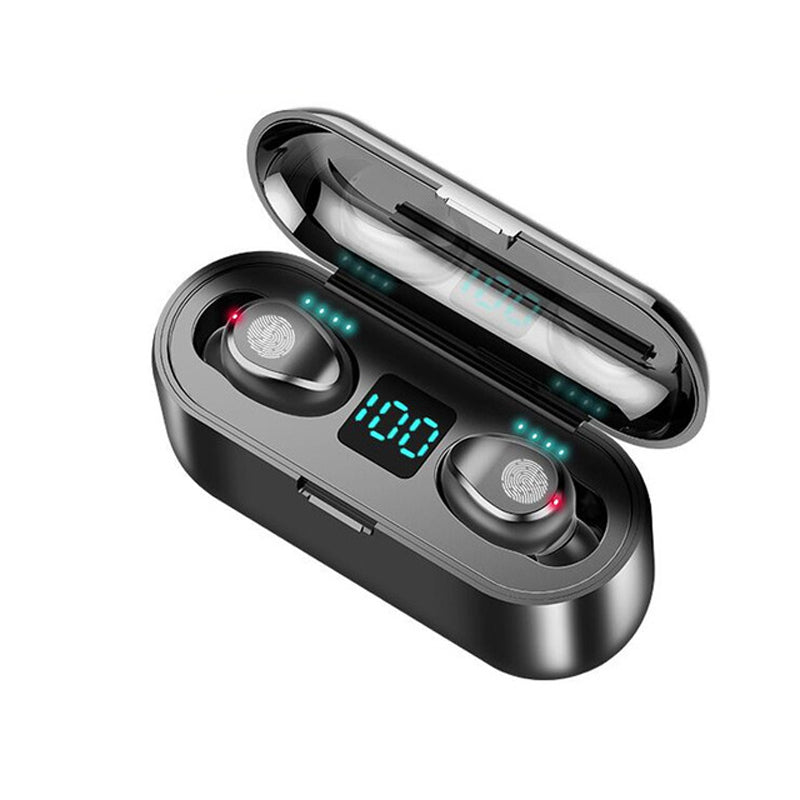 Black wireless earbuds in an open charging case with a digital battery display and fingerprint touch surface.