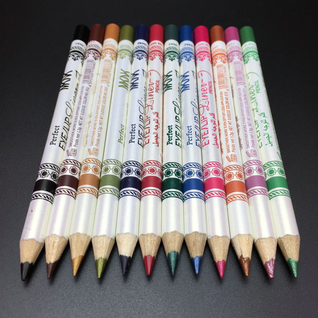 Twelve multi-colored glitter eye and lip liner pencils arranged side-by-side on a black background.