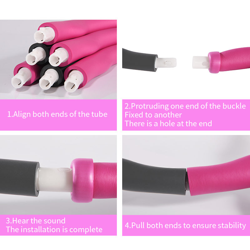 Four-panel guide showing assembly of a foam-padded pink and grey fitness hoop with a click-in buckle mechanism.