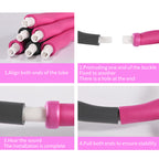 Four-panel guide showing assembly of a foam-padded pink and grey fitness hoop with a click-in buckle mechanism.