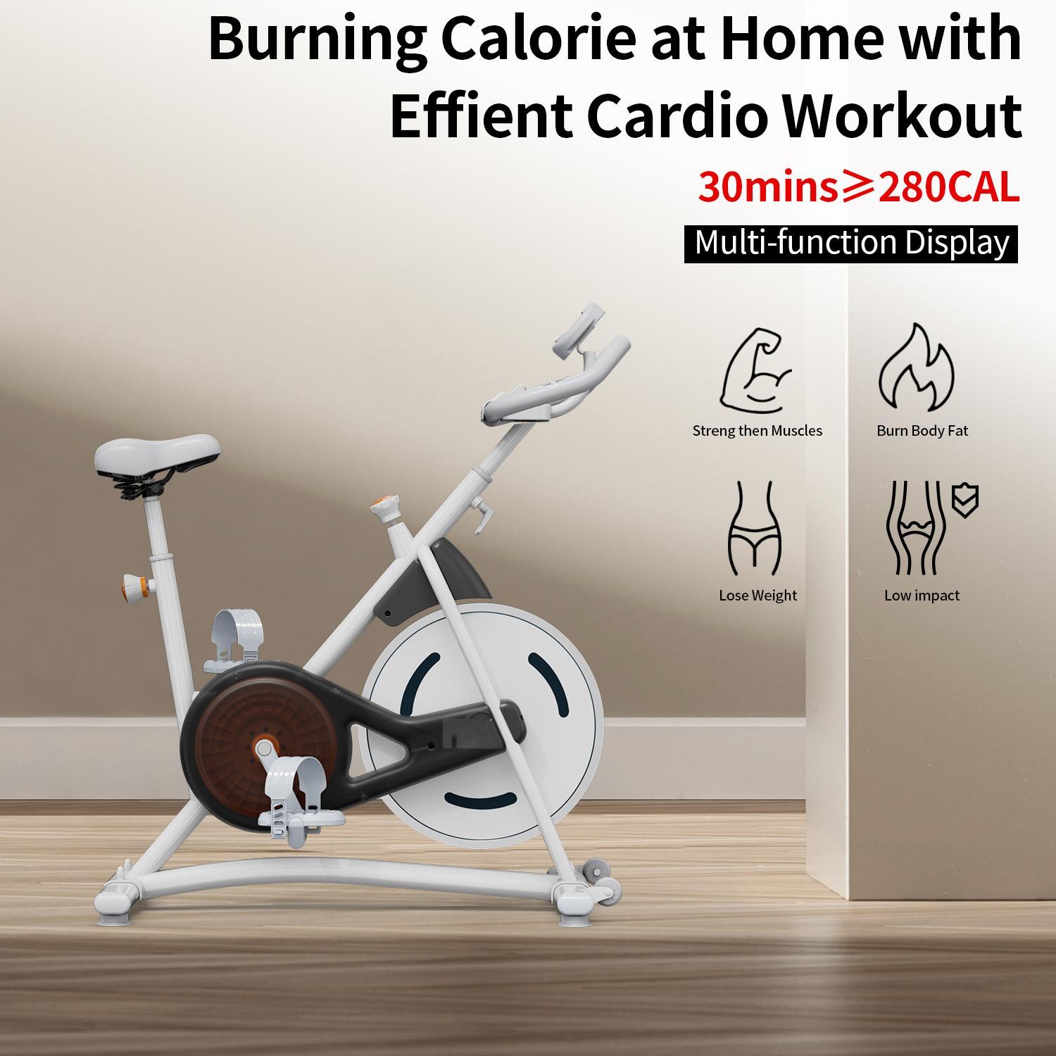 White stationary exercise bike with black accents, pedals, and fitness icons on a neutral background.