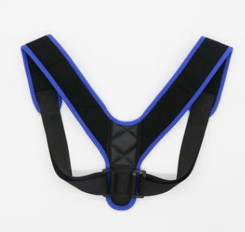 Black clavicle posture corrector strap with blue trim, featuring adjustable straps and a padded back support panel.