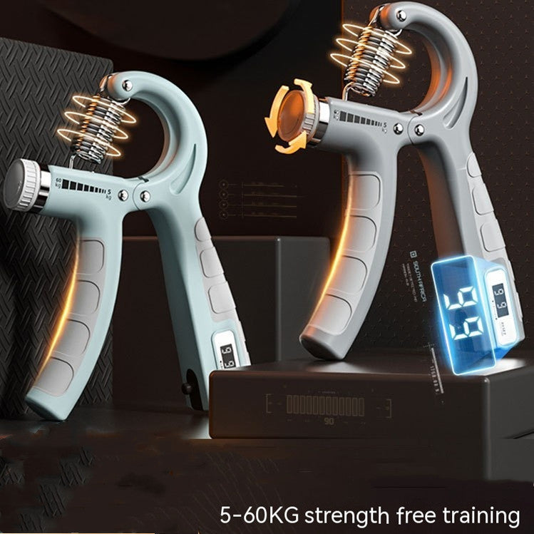 Two adjustable spring hand grip exercisers (5-60kg) in pale blue and grey, featuring digital counters and metal springs.