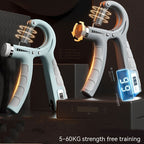 Two adjustable spring hand grip exercisers (5-60kg) in pale blue and grey, featuring digital counters and metal springs.