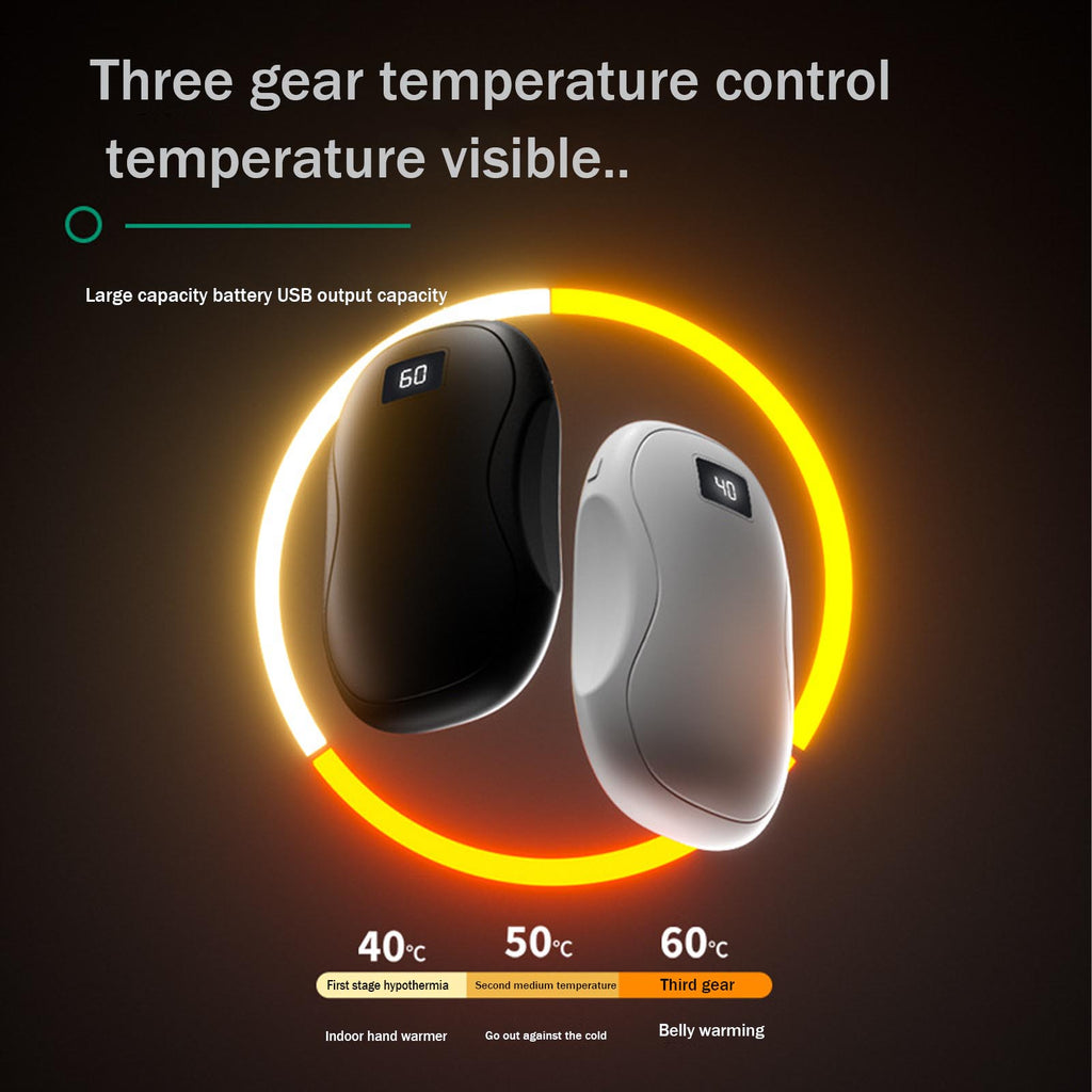 Black and white reusable electric hand warmers with digital temperature displays, set against a glowing circular graphic.