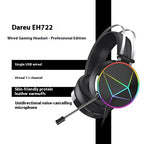 Black Dareu gaming headphones with protein leather pads, silver frame, RGB accents, and a noise-cancelling microphone.