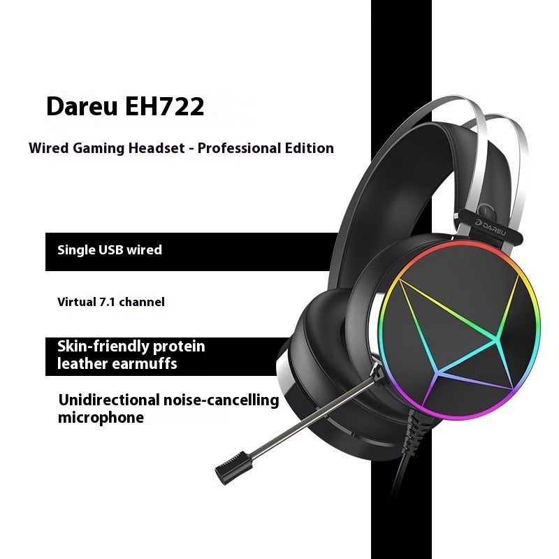 Black Dareu gaming headphones with protein leather pads, silver frame, RGB accents, and a noise-cancelling microphone.