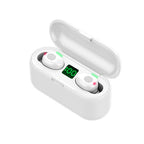 White wireless earbuds in a charging case with a green digital battery display, featuring touch sensors and LED lights.