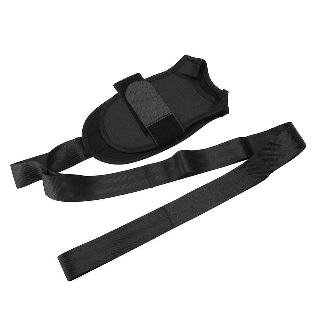 Black fabric foot rehabilitation strap with adjustable velcro ankle support and long exercise stretch belts.
