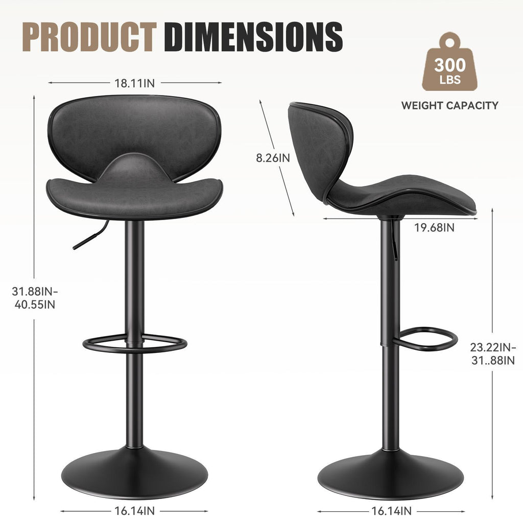 Dimension diagram of a modern, dark grey faux leather bar stool with a black metal base and 300 lb weight capacity.