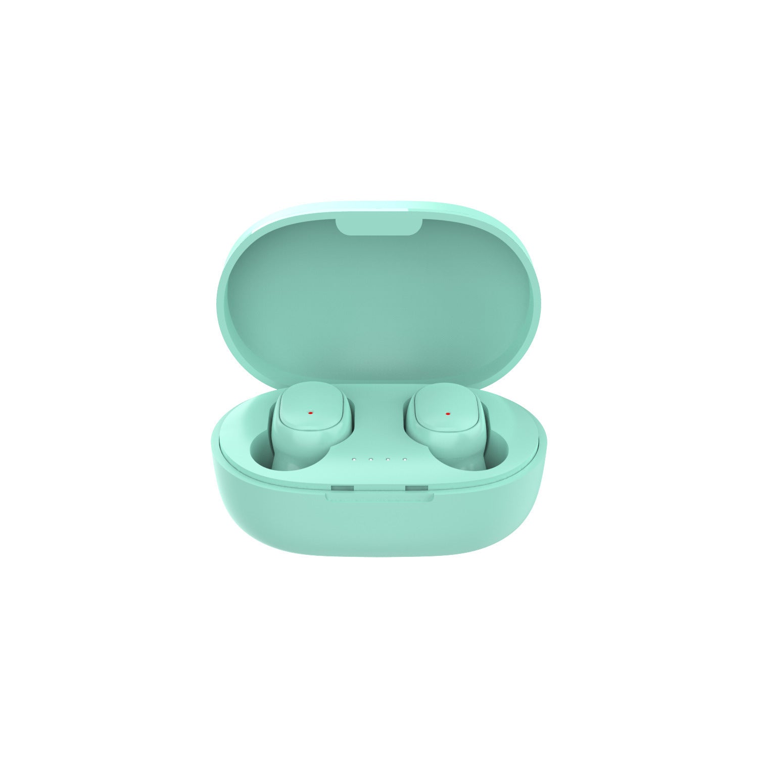 Mint green A6S wireless in-ear headphones in an open matching charging case with small red indicator lights.