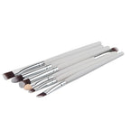 A set of 6 eye makeup brushes featuring white handles, silver ferrules, and soft brown and white synthetic bristles.