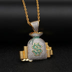Gold rope chain with an iced-out money bag pendant featuring white stones, a green dollar sign, and gold-tone accents.
