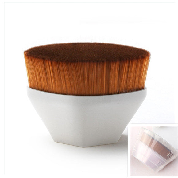 Flat-top foundation brush with soft, dense brown bristles and a white, geometric handle. Includes a protective cap.