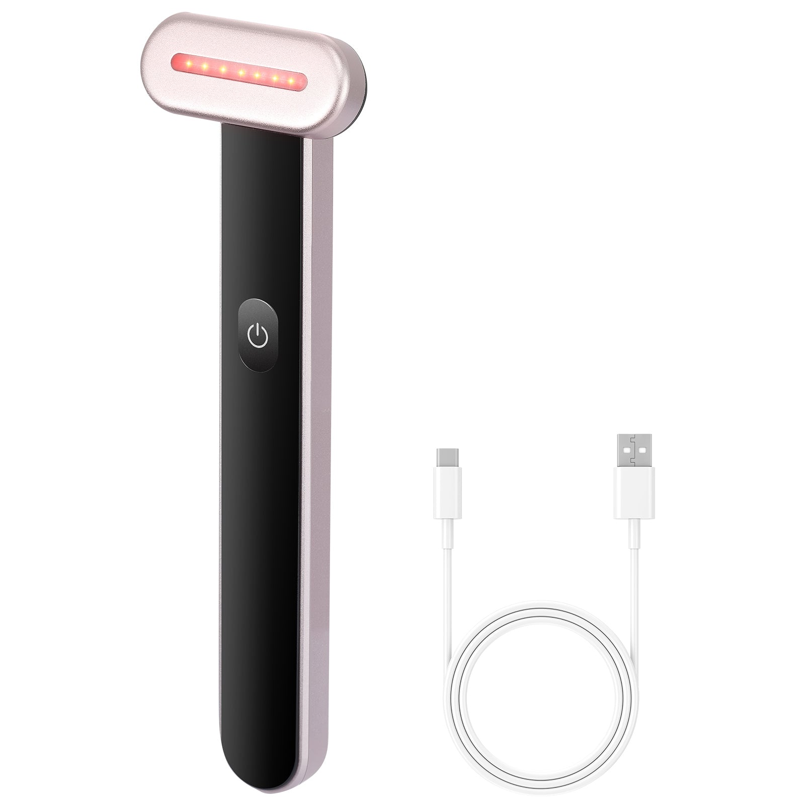 VEVOR rose gold and black LED facial wand with red light therapy and a USB-C charging cable.