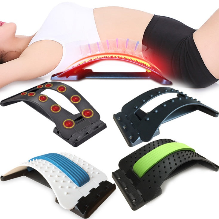 Person using an arched black lumbar traction device for back pain, with four additional color/style variations shown.