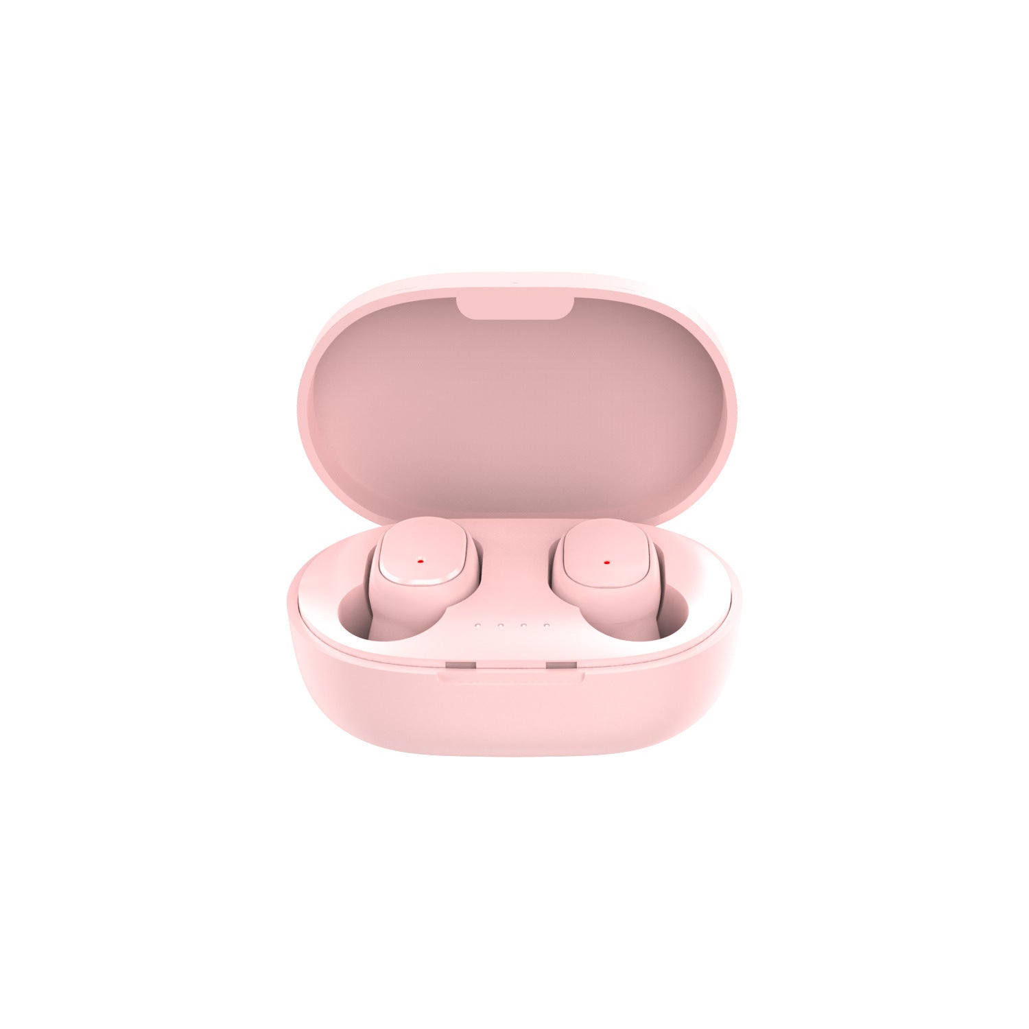 Pink A6S wireless in-ear headphones in an open matching charging case with subtle indicator lights.