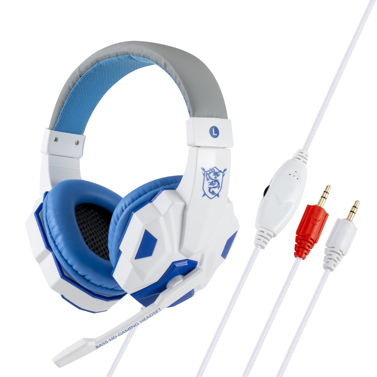 Digitaldistribution375 white and blue gaming headset with microphone, cushioned ear cups, and dual 3.5mm cable.