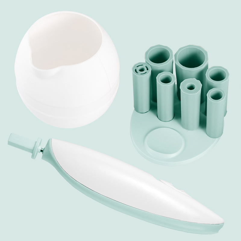 Digitaldistribution375 makeup brush cleaner set with white bowl, mint green handle, and silicone brush attachment stand.