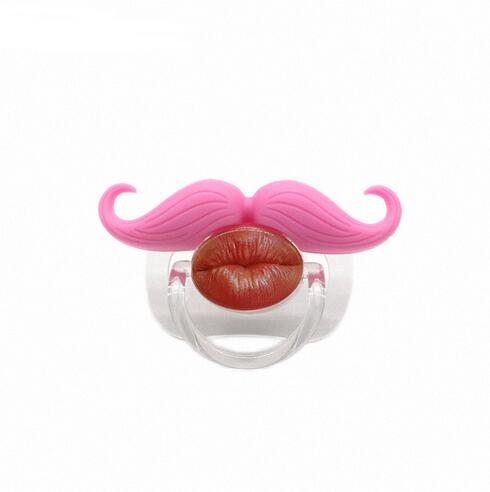 Funny baby pacifier with a clear base, pink handlebar mustache, and realistic brown puckered lips design.