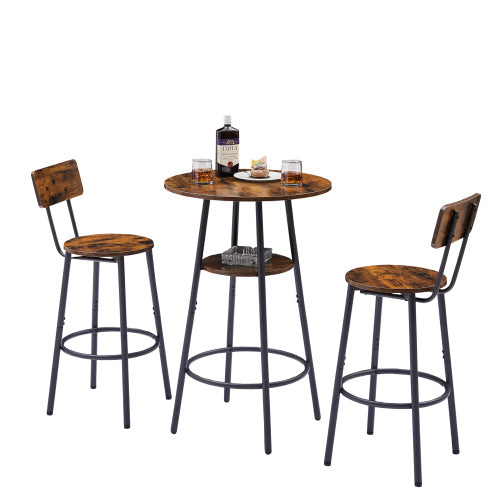 Rustic bar set with a round table and two stools, featuring wood-grain tops and black metal frames with storage shelves.