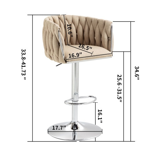 Adjustable beige woven fabric bar stool with chrome base, swivel seat, and footrest, featuring annotated dimensions.