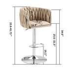 Adjustable beige woven fabric bar stool with chrome base, swivel seat, and footrest, featuring annotated dimensions.