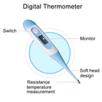 White and blue digital thermometer with a soft head, LCD screen, and power button, labeled with its key features.