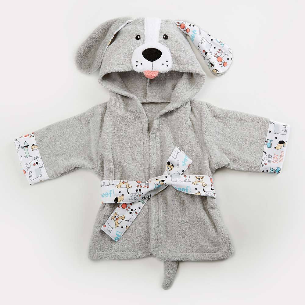 Gray cotton baby bathrobe with a hooded puppy face, featuring patterned trim, belt, and cute dog-themed details.