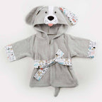 Gray cotton baby bathrobe with a hooded puppy face, featuring patterned trim, belt, and cute dog-themed details.
