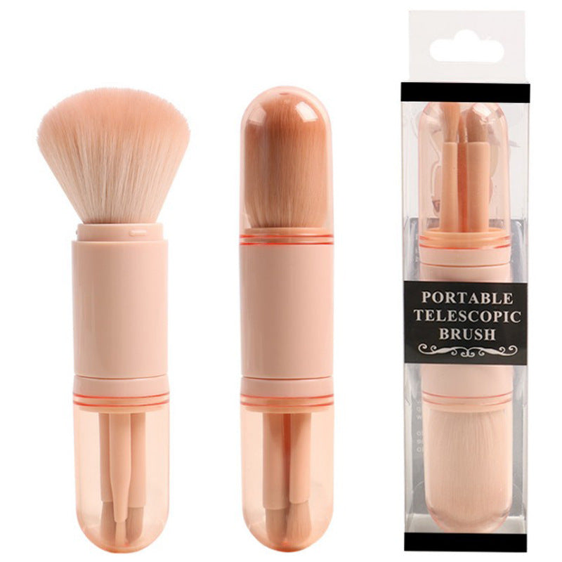 Pink 4-in-1 retractable makeup brush set with synthetic bristles in a portable plastic case.