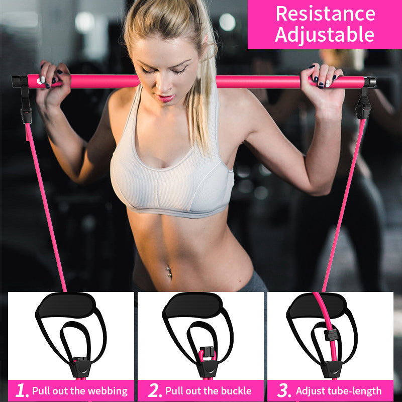A woman uses a pink adjustable chest expander bar with resistance bands and illustrated adjustment instructions below.