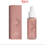 6-pack of Milano Drop tanning serum. Dusty pink box and dropper bottle with sun logo and watermelon scent label.