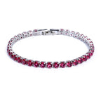 Silver-tone tennis bracelet featuring a continuous row of sparkling micro-inlaid round hot pink zircon stones.