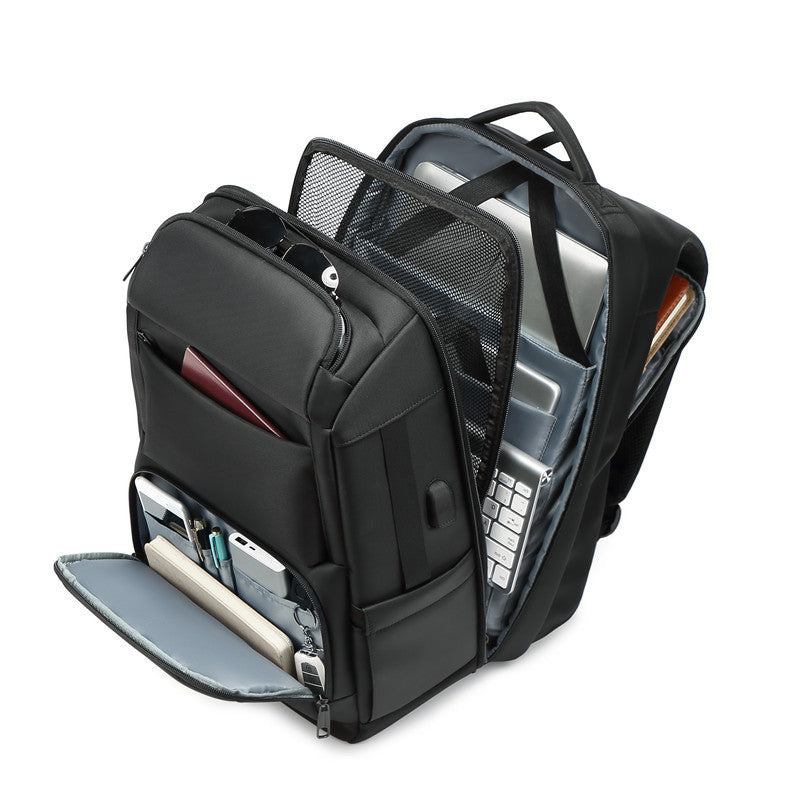 Black multifunctional laptop backpack featuring multiple organizational pockets, mesh compartments, and tech storage.