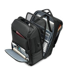 Black multifunctional laptop backpack featuring multiple organizational pockets, mesh compartments, and tech storage.
