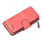 Red faux leather Baellerry women’s wallet with a snap closure, gold-tone zipper, and multiple interior compartments.
