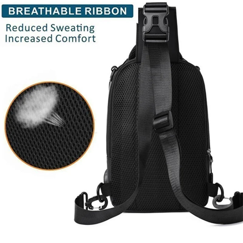 Black multifunctional chest bag with a breathable mesh back panel, adjustable strap, and side clips for comfort.
