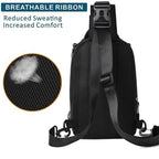 Black multifunctional chest bag with a breathable mesh back panel, adjustable strap, and side clips for comfort.
