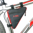 Black and red triangular bicycle frame bag with B-SOUL branding, secured by velcro straps to a silver bike frame.