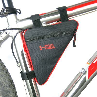 Black and red triangular bicycle frame bag with B-SOUL branding, secured by velcro straps to a silver bike frame.