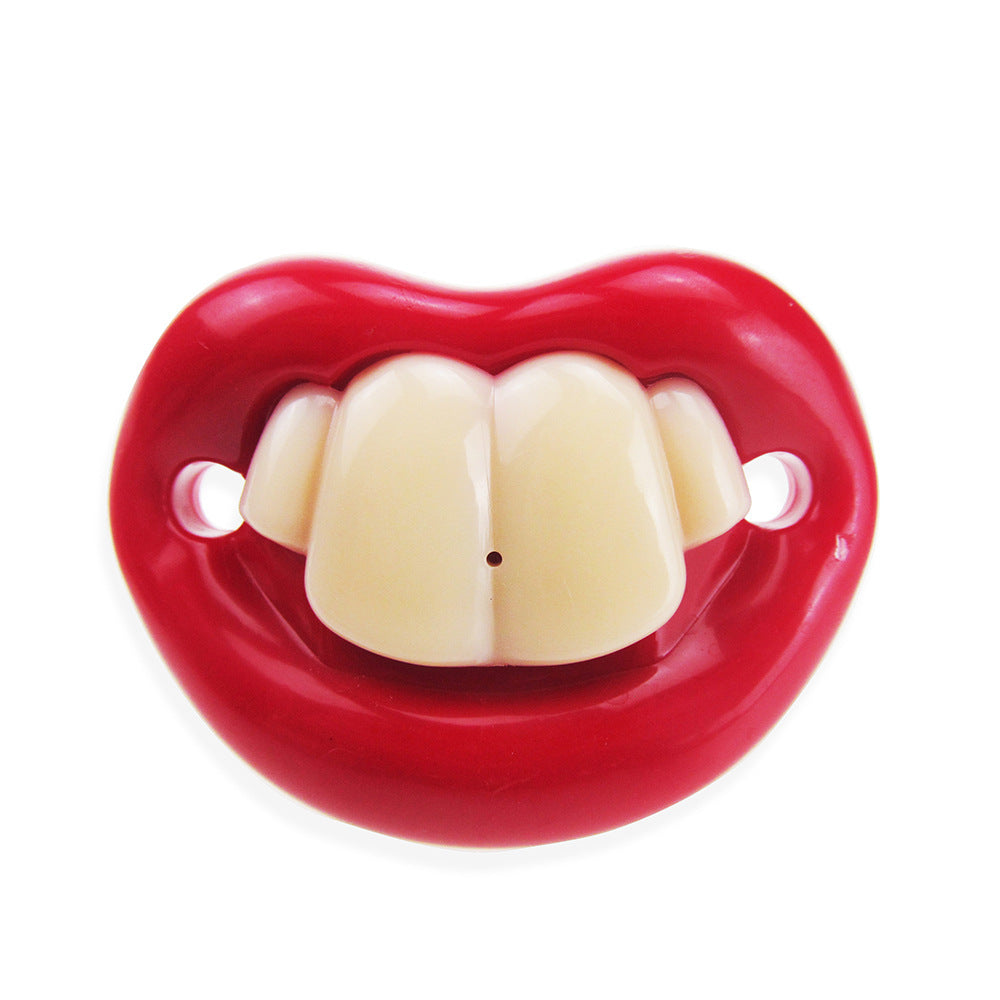 Funny baby pacifier by Digitaldistribution375 featuring bright red plastic lips and prominent, off-white toy teeth.