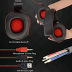 Digitaldistribution375 headphones: black and red over-ear headset with mesh cushions, 3.5mm audio jacks, and USB plug.
