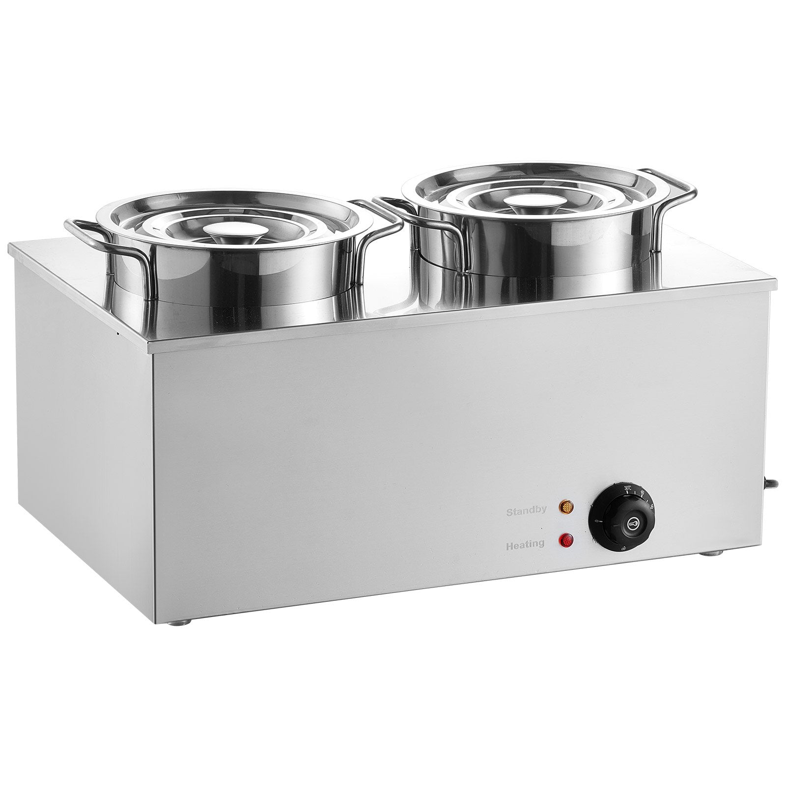 Stainless steel commercial soup warmer with two 6.34qt pots, temperature control knob, and indicator lights.