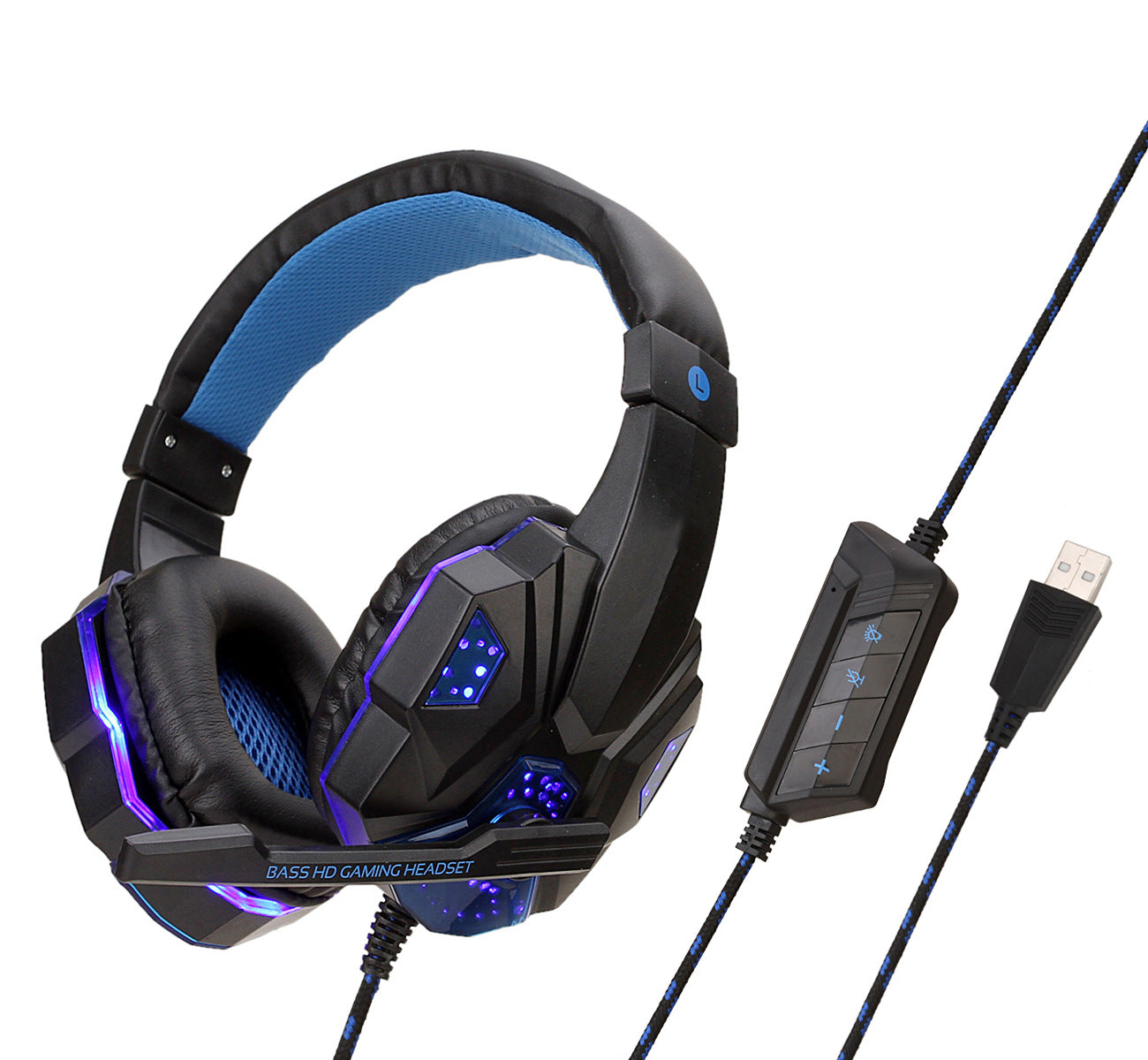Digitaldistribution375 black gaming headset with blue LED lights, padded ear cups, integrated mic, and USB cable.