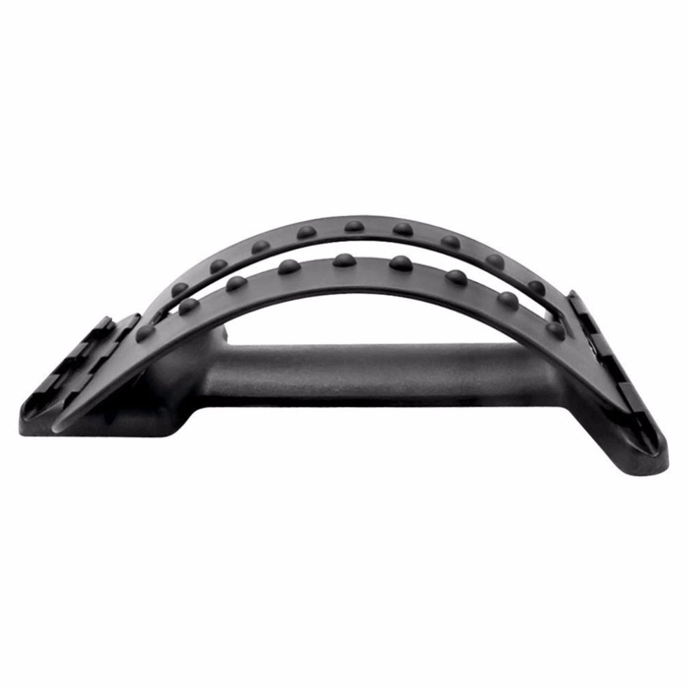 Black, arched plastic lumbar traction device with massage nodes for back pain relief, shown against a white background.